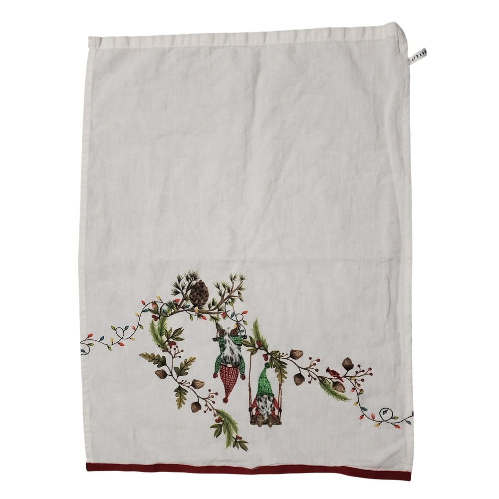 Pottery Barn Christmas Gnomes Embroidered Tea Towel White Red Holiday Kitchen